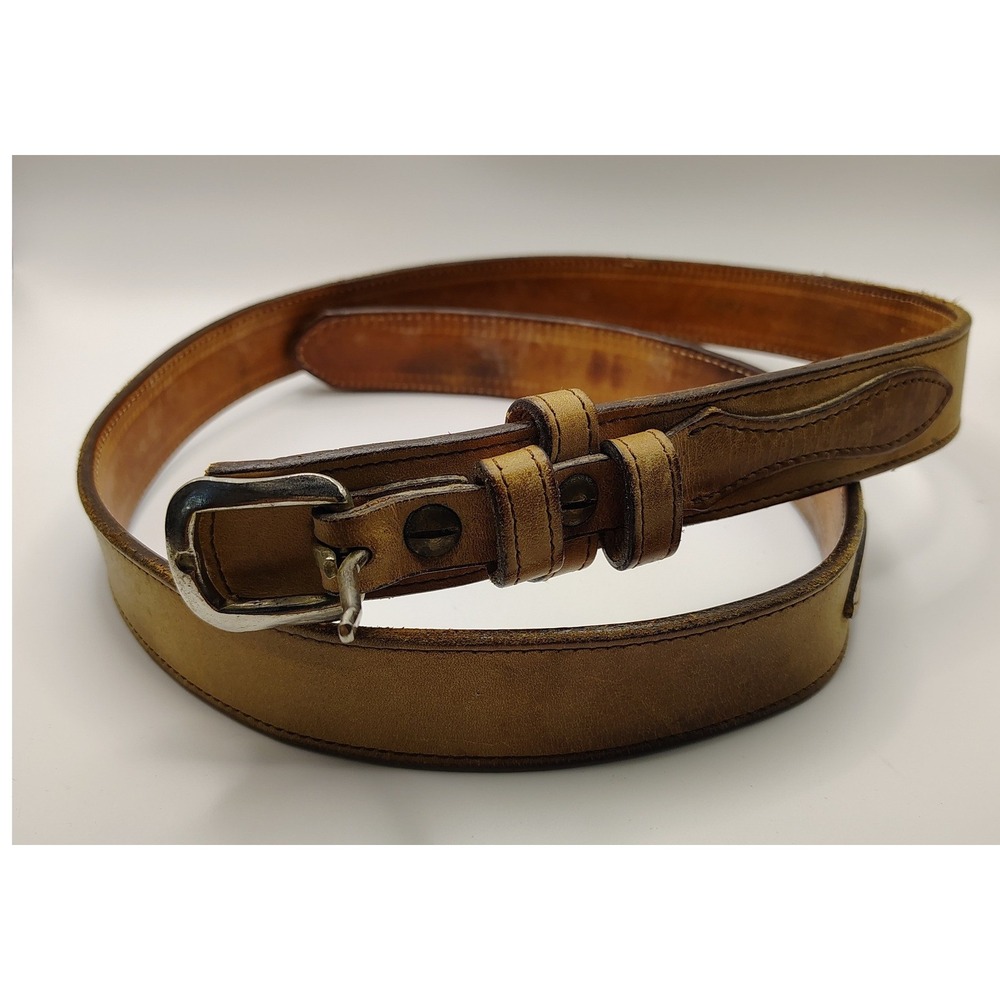 Y2K Circle Y Vintage Brown Leather Belt Silver Buckle Size 38 Workwear 6227